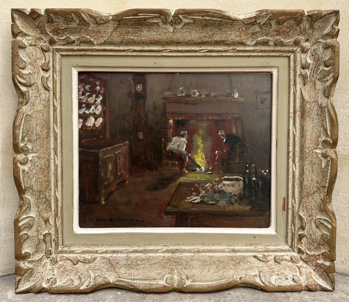 Jules René HERVÉ (1887-1981) - Huile sur Panneau - Scène d’Intérieur à la Cheminée - Peinture