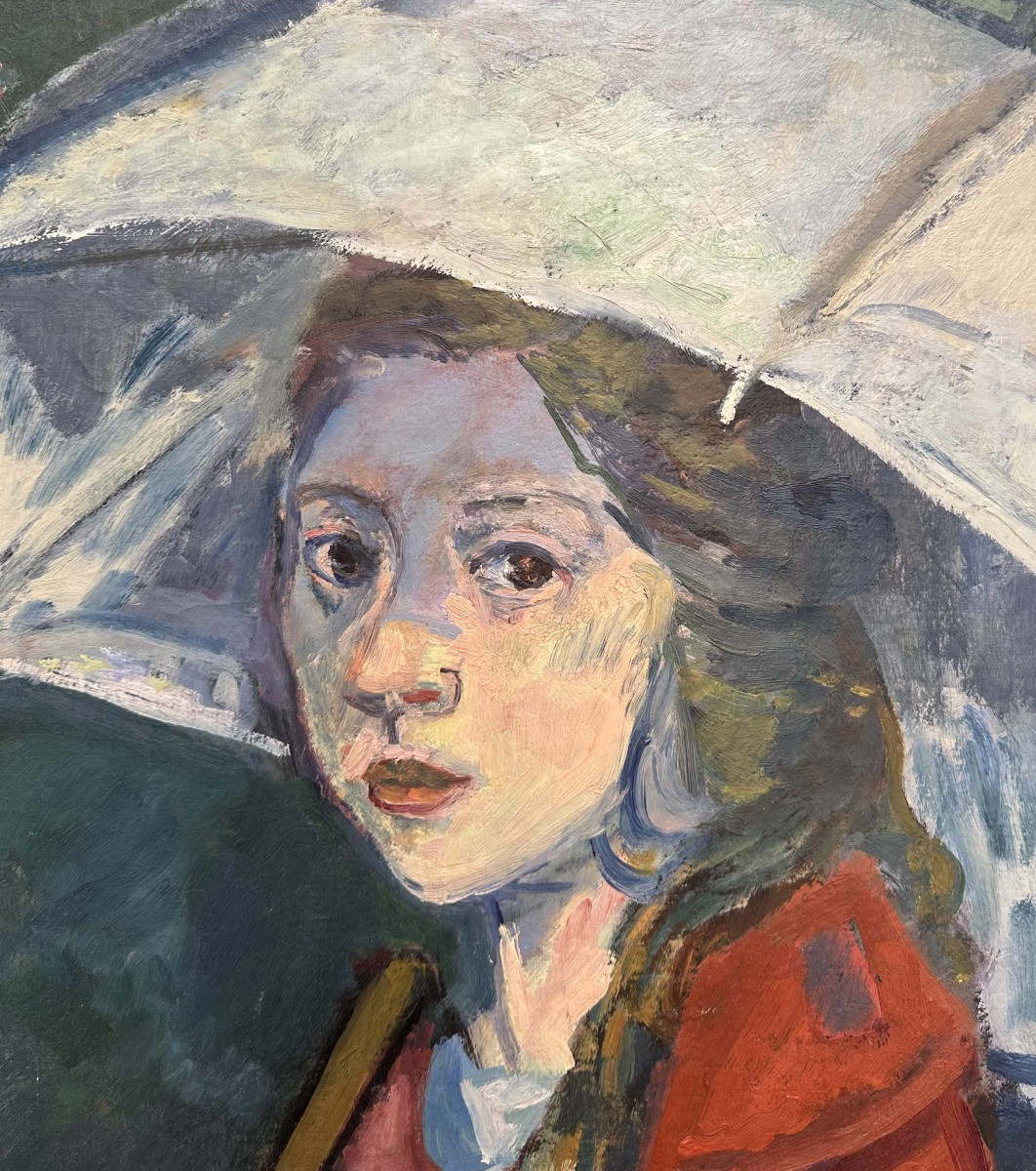 École Française vers 1900 - Portrait de Femme au Parapluie - Peinture Tableau à Identifier-photo-2