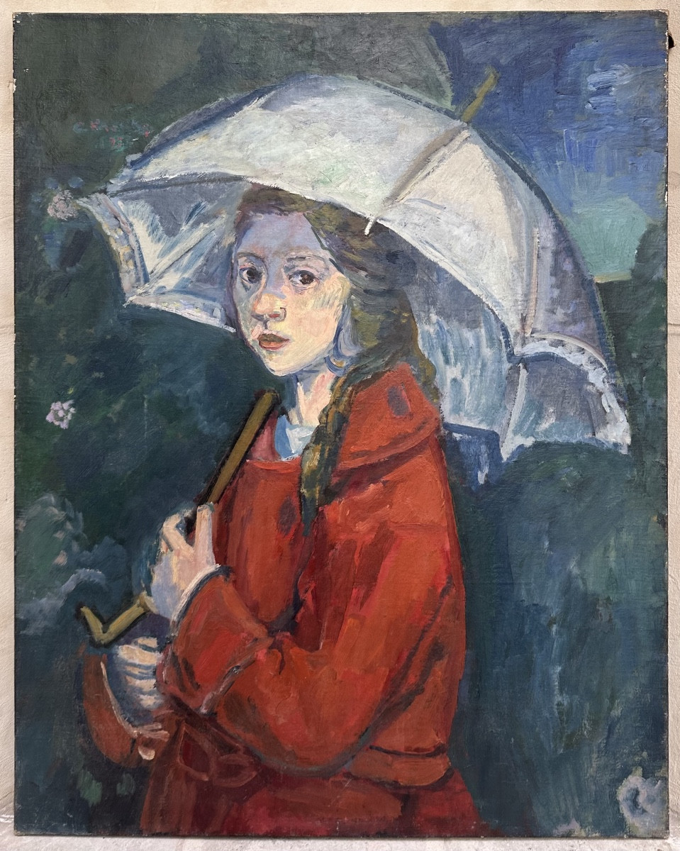 École Française vers 1900 - Portrait de Femme au Parapluie - Peinture Tableau à Identifier