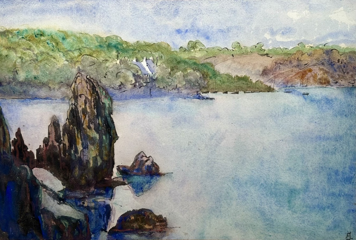 Jobert Fernand (1876-1949) Maritime Landscape Riec-sur-bélon Seaside Brittany - Watercolor-photo-3