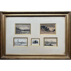 Henri Harpignies - Set Of 5 Signed And Dated Ink Washes - Landscape, Barbizon, 19th