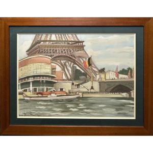 DORVILLE Jean - Gouache - Exposition Universelle Paris 1937, Pavillon belge et Tour Eiffel