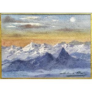 ODIN Blanche (1865-1957) La montagne du Rigi sous la neige, Suisse - Aquarelle 