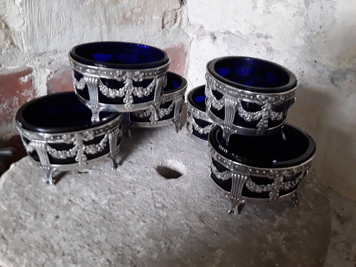 Rare Suite De 6 Salerons En Argent Massif Et Cristal Bleu 19ème Siecle -photo-2