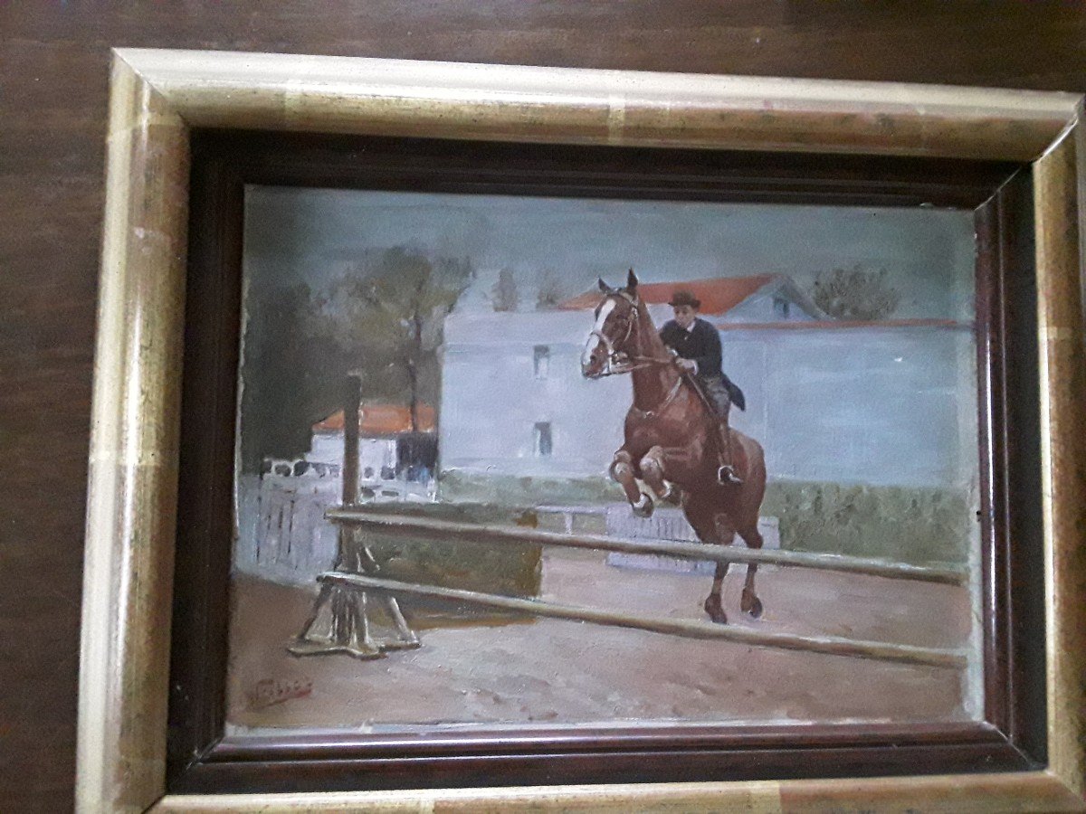 Charming Small Horse Riding Painting "jumping" Late 19th Early 20th Century -photo-2
