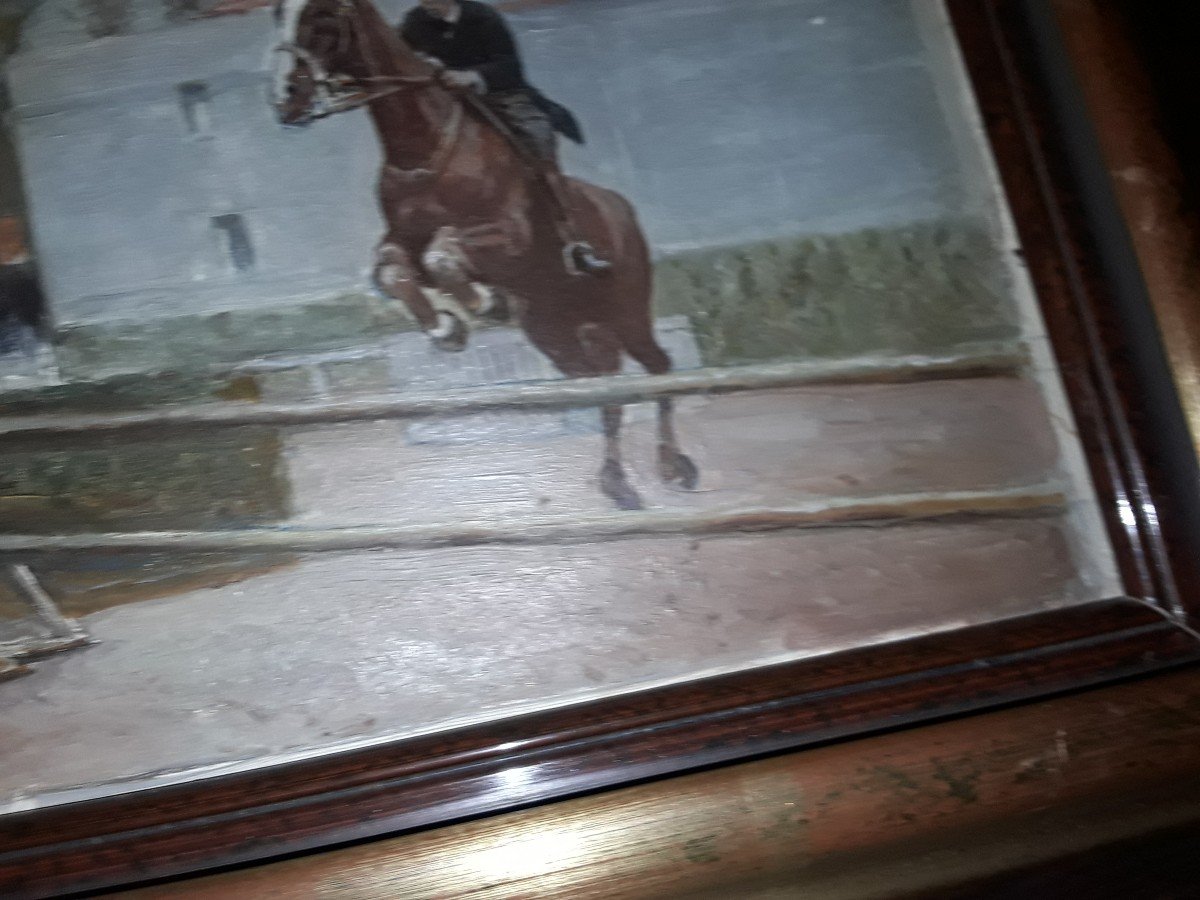 Charming Small Horse Riding Painting "jumping" Late 19th Early 20th Century -photo-3