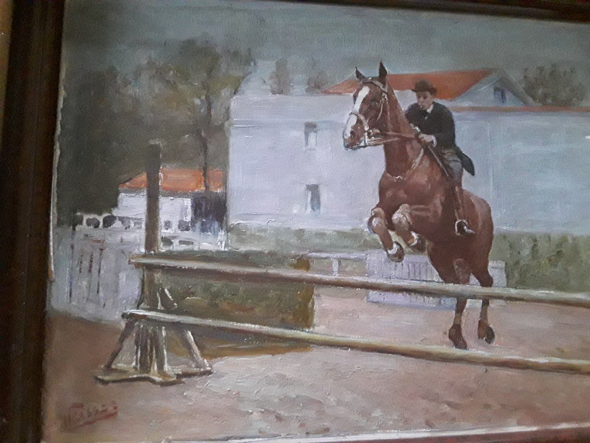 Charming Small Horse Riding Painting "jumping" Late 19th Early 20th Century -photo-4