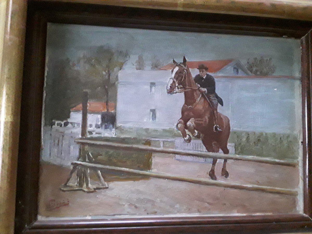 Charmant Petit Tableau équitation  " Saut d'Obstacle " Fin 19ème Début 20ème Siecle 