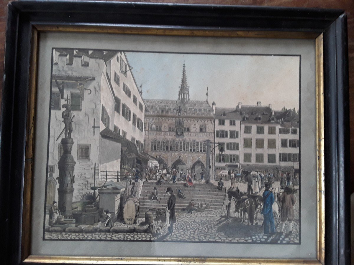 Old Drawing Of The Basel Town Hall.