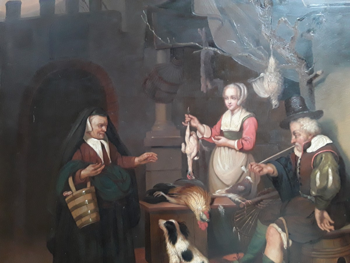 Peinture 19ème siecle scène flamande 