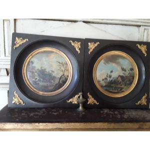 Pair Of Paintings On Panels Early 19th Century