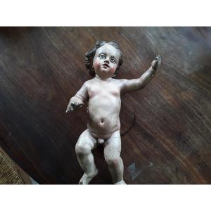 Angelot Statuette Carved Polychrome Wood 18th Century 