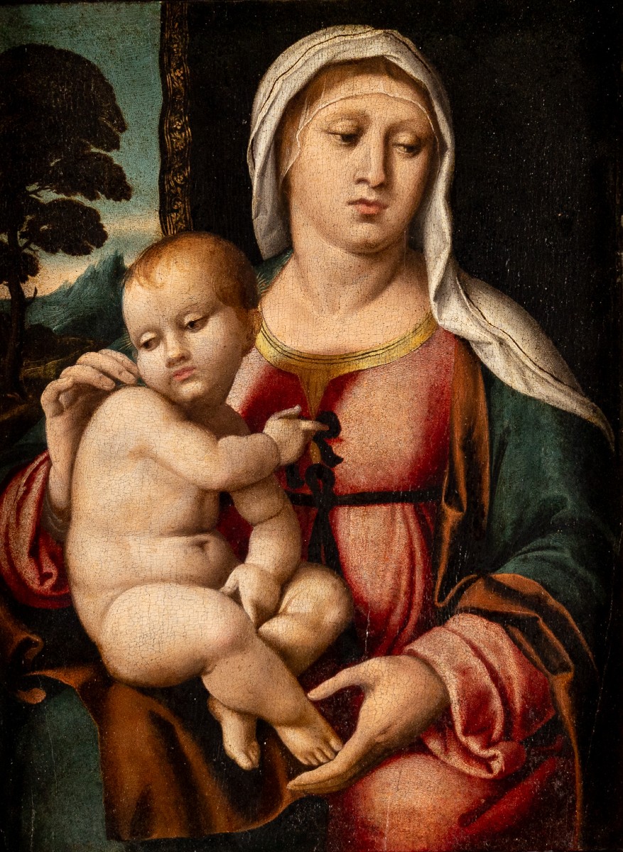 Vierge à l’Enfant en paysage, Huile sur panneau, Domenico Capriolo (Venice 1494 - 1528)