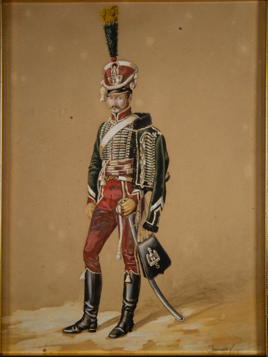 Hussard du royaume de Naples, aquarelle signée Emmanuel Grammont, XIXe siècle-photo-3