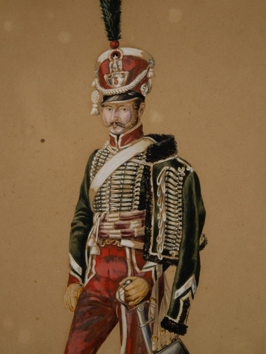 Hussard du royaume de Naples, aquarelle signée Emmanuel Grammont, XIXe siècle-photo-1