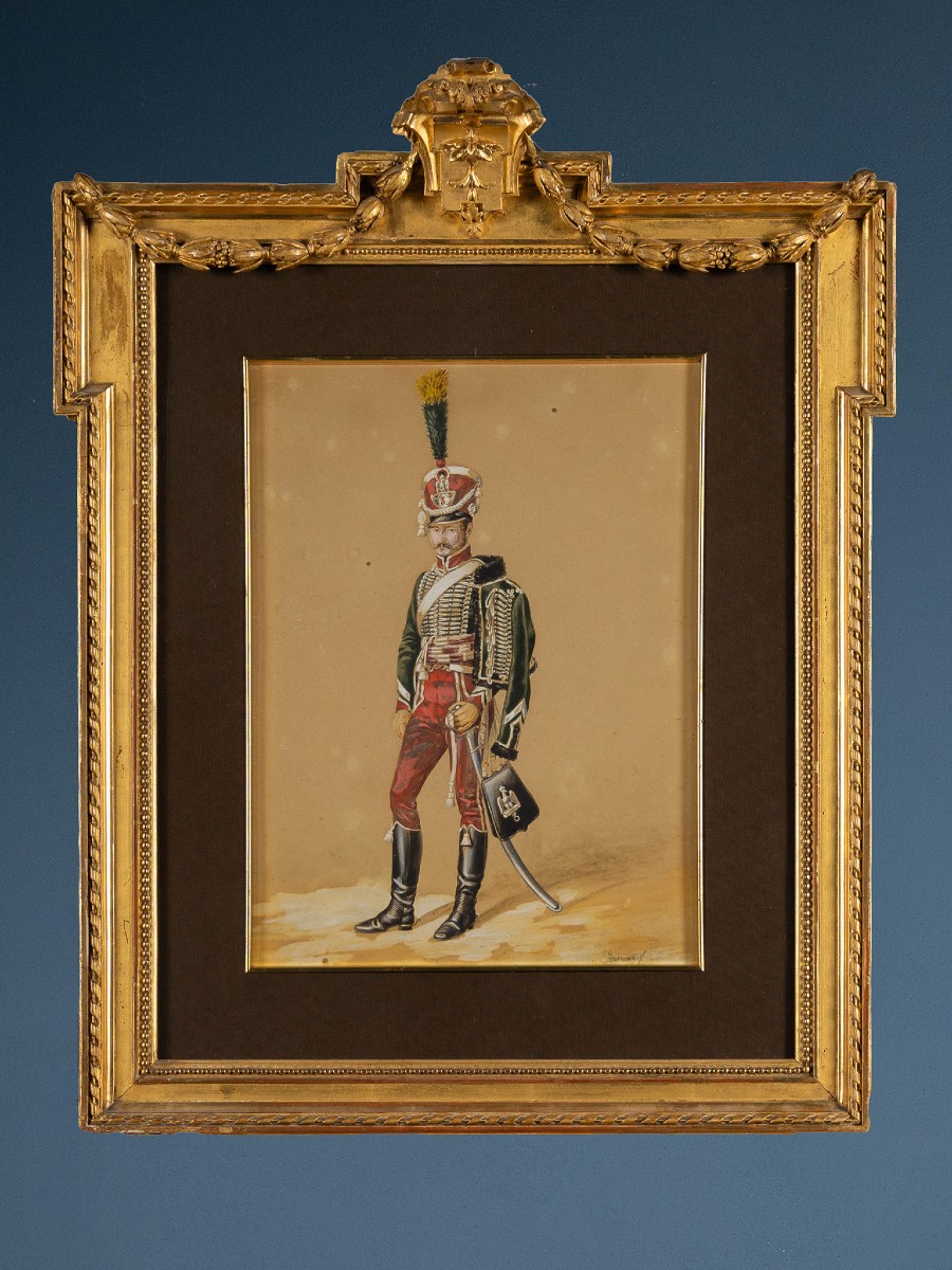 Hussard du royaume de Naples, aquarelle signée Emmanuel Grammont, XIXe siècle
