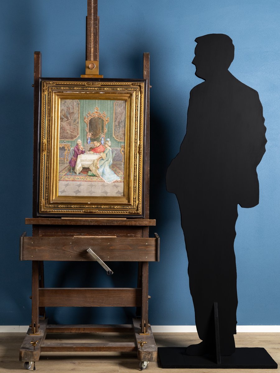 Conversation romantique, aquarelle signée Paolo Folchi, XIXe siècle-photo-2