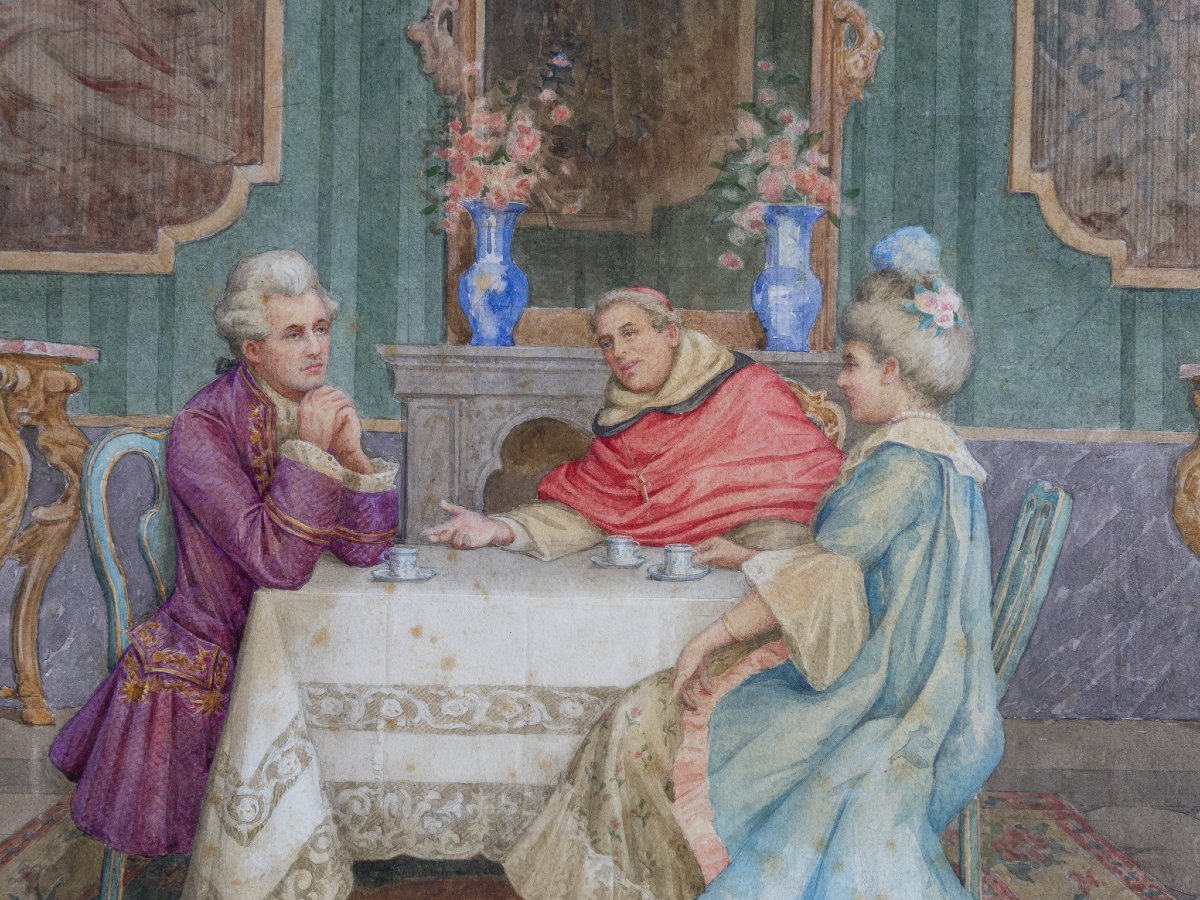 Conversation romantique, aquarelle signée Paolo Folchi, XIXe siècle-photo-3