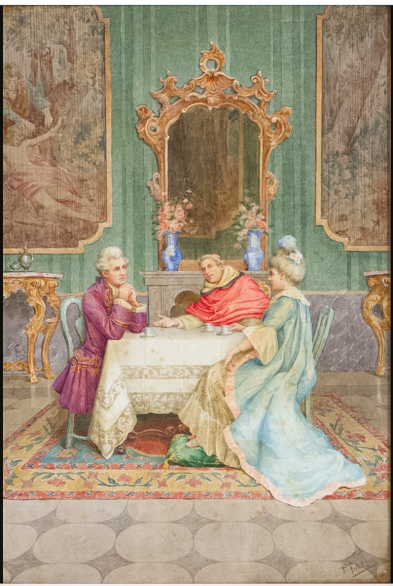 Conversation romantique, aquarelle signée Paolo Folchi, XIXe siècle-photo-1