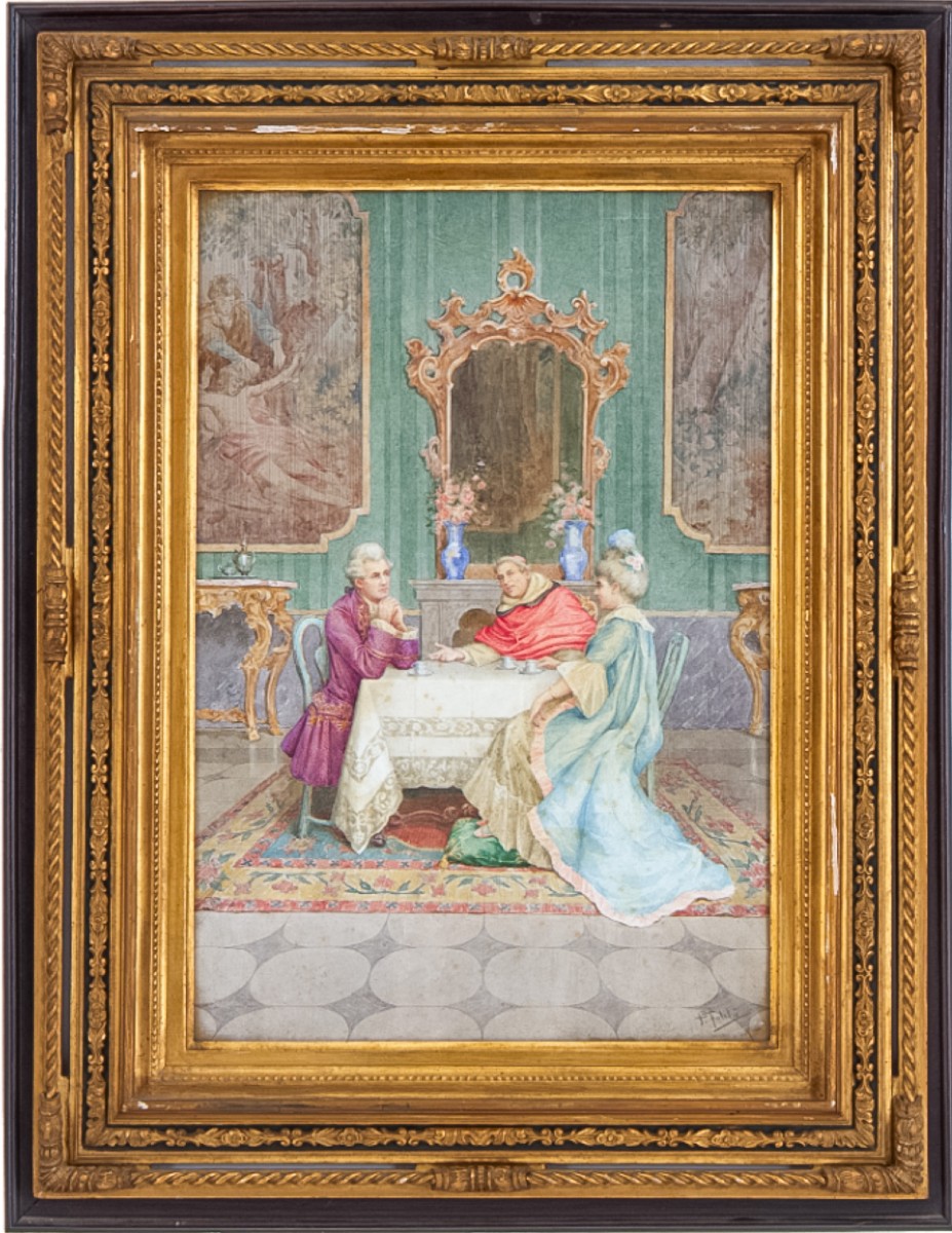 Conversation romantique, aquarelle signée Paolo Folchi, XIXe siècle