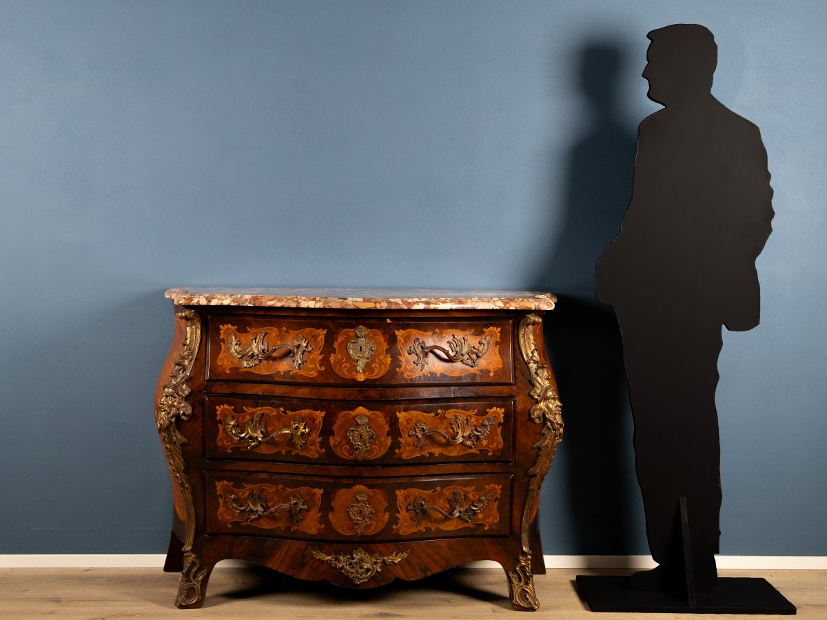 Curved Chest Of Drawers In Louis XIV Style With Inlays, Gilded Bronze Finishes And Marble Top-photo-2