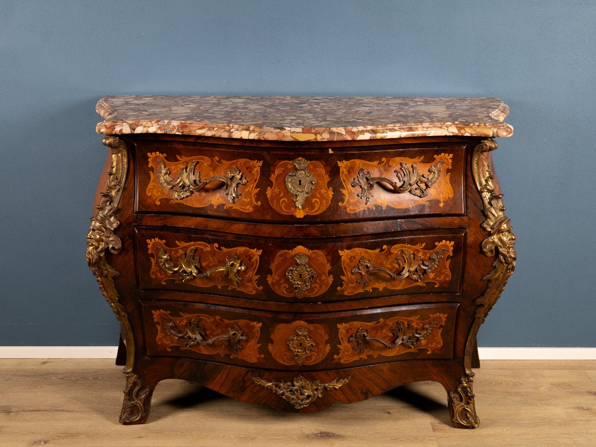 Curved Chest Of Drawers In Louis XIV Style With Inlays, Gilded Bronze Finishes And Marble Top-photo-3