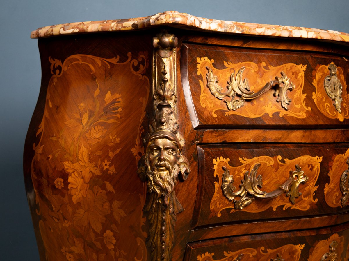 Curved Chest Of Drawers In Louis XIV Style With Inlays, Gilded Bronze Finishes And Marble Top-photo-4