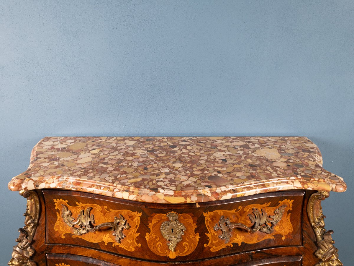 Curved Chest Of Drawers In Louis XIV Style With Inlays, Gilded Bronze Finishes And Marble Top-photo-1