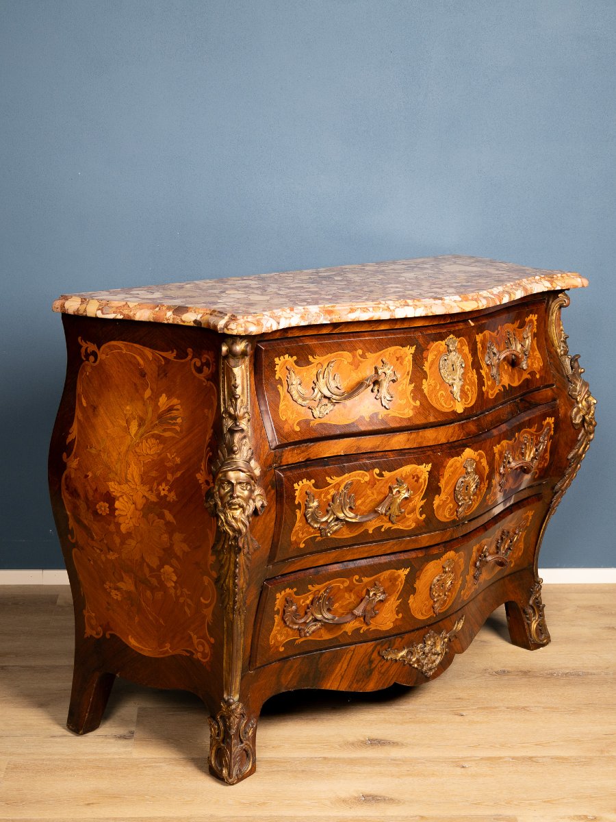 Curved Chest Of Drawers In Louis XIV Style With Inlays, Gilded Bronze Finishes And Marble Top-photo-2