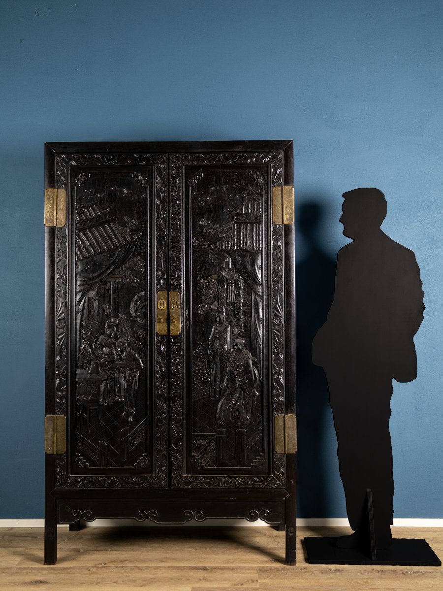 Cabinet en bois sculpté chinois, scènes de la vie impériale, Chine, XIXe siècle-photo-2