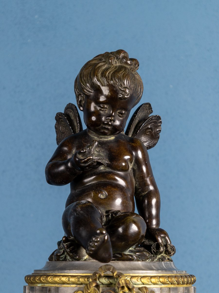 Horloge française en marbre et bronze doré, putto en bronze, fin du XIXe siècle-photo-3