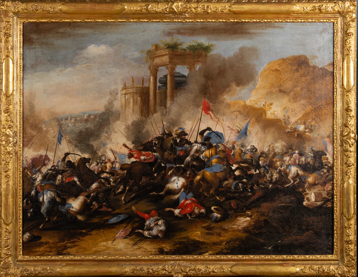 Battle Scene, Antonio Calza (1653–1725), With Expert Opinion By Egidio Martini