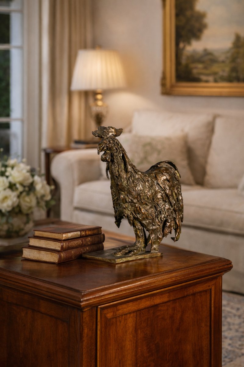 Bronze Sculpture Depicting A Rooster, Signed And Dated 79-photo-1