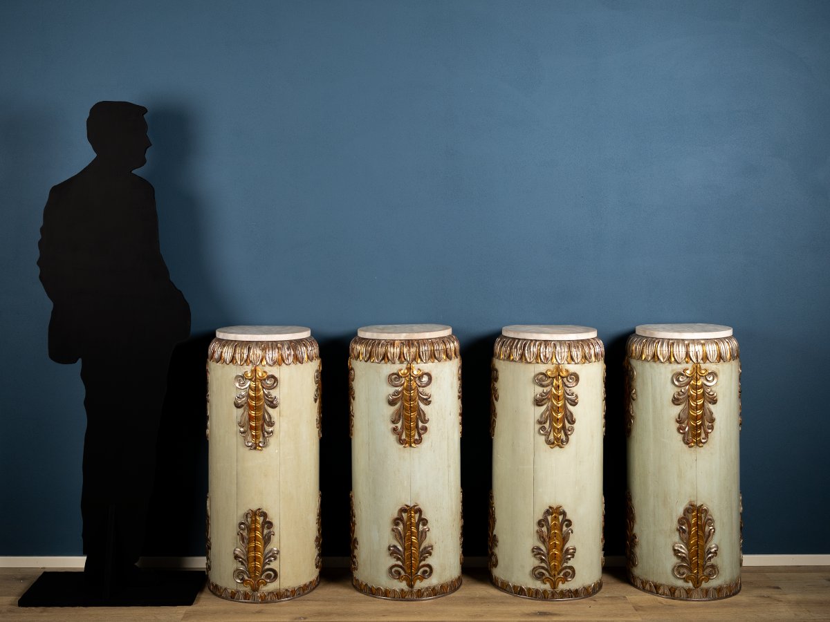 Elegant Set Of 8 Lacquered And Gilded Wooden Columns In Mecca Style, Late 18th Century-photo-1