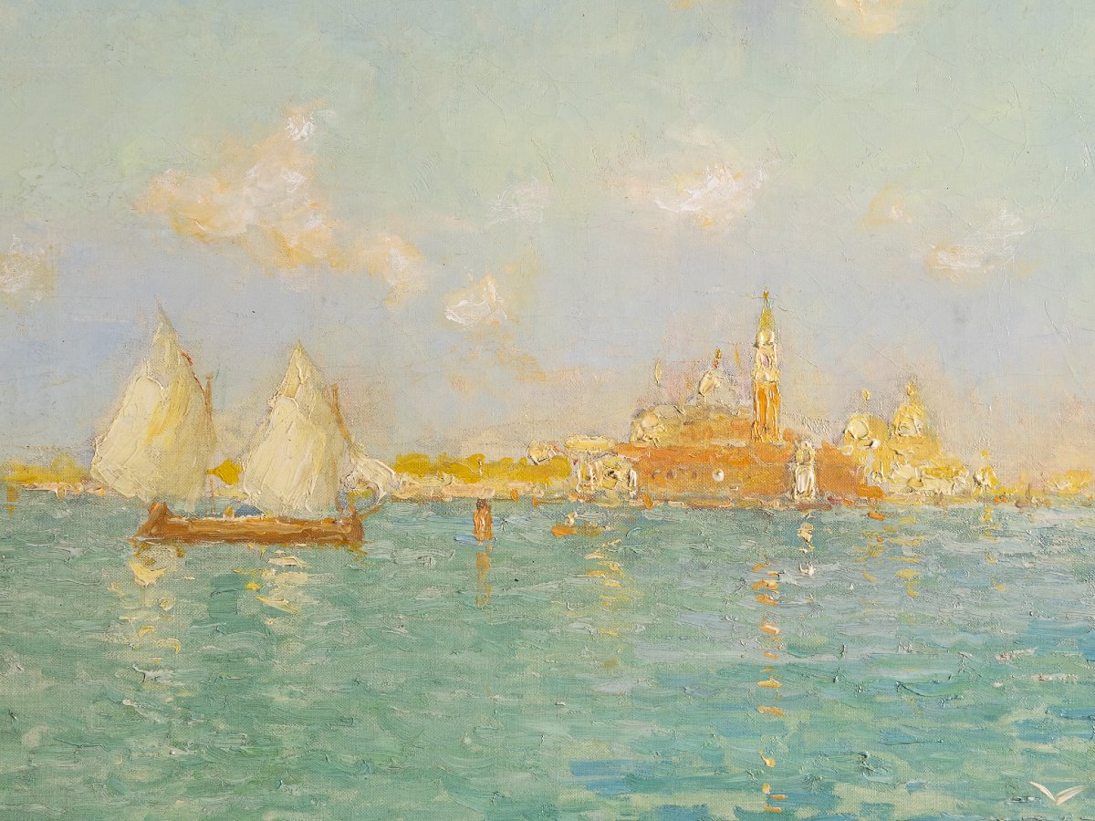 Albert Ferdinand Duprat (1882–1974), View Of The Venetian Lagoon, Oil On Canvas-photo-1