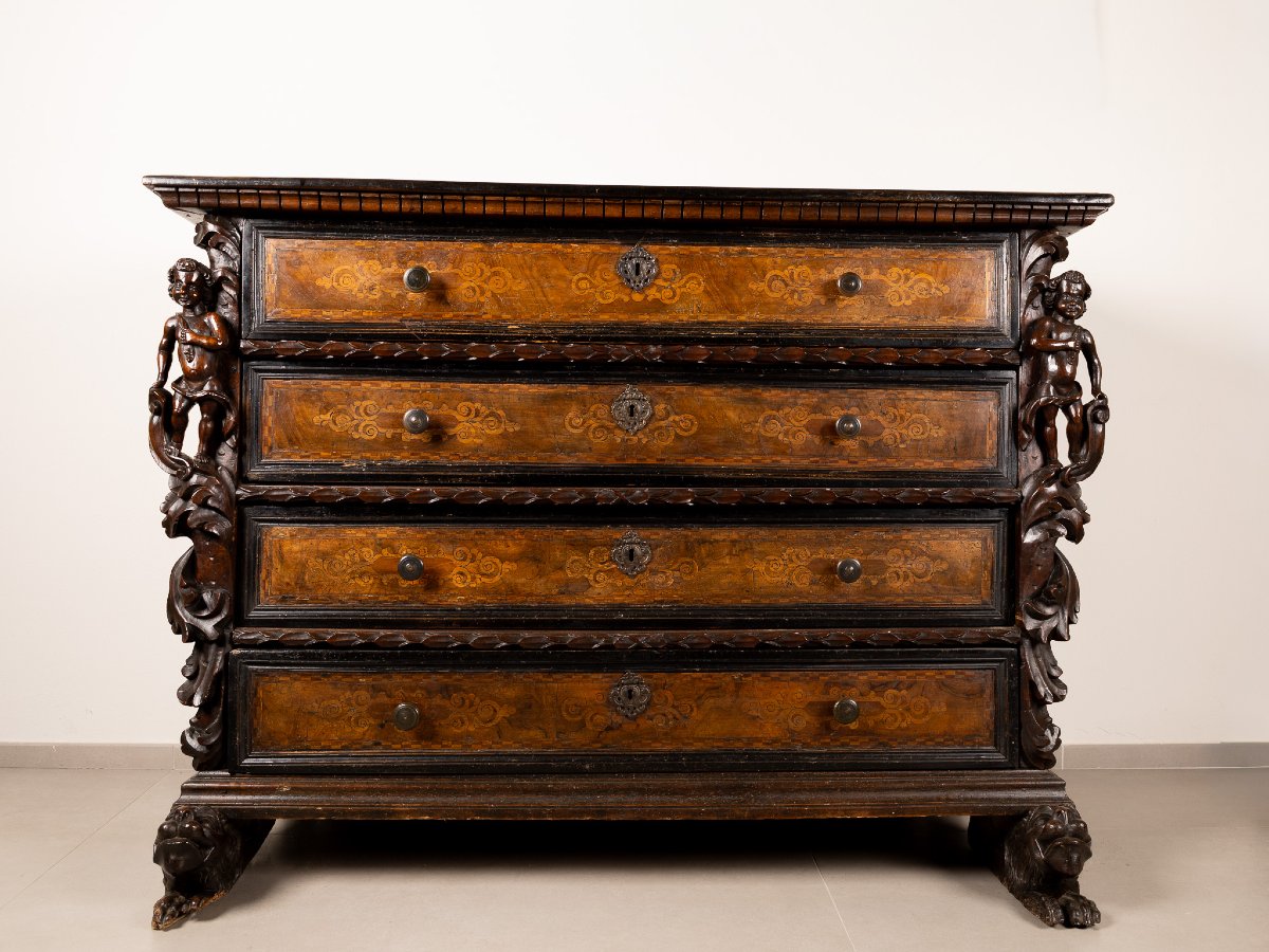 Bergamo Chest Of Drawers With Four Drawers And Winged Caryatids, Early 17th Century-photo-4
