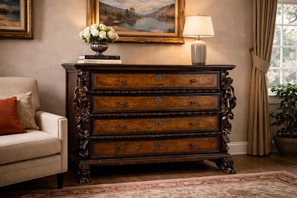 Bergamo Chest Of Drawers With Four Drawers And Winged Caryatids, Early 17th Century-photo-1