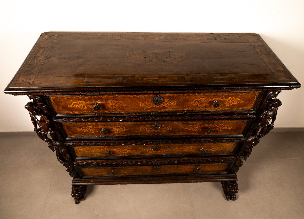 Bergamo Chest Of Drawers With Four Drawers And Winged Caryatids, Early 17th Century-photo-2