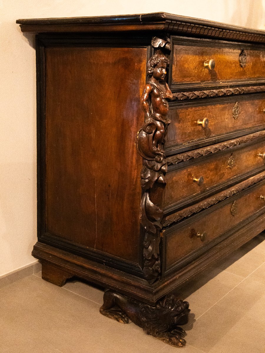 Bergamo Chest Of Drawers With Four Drawers And Winged Caryatids, Early 17th Century-photo-4