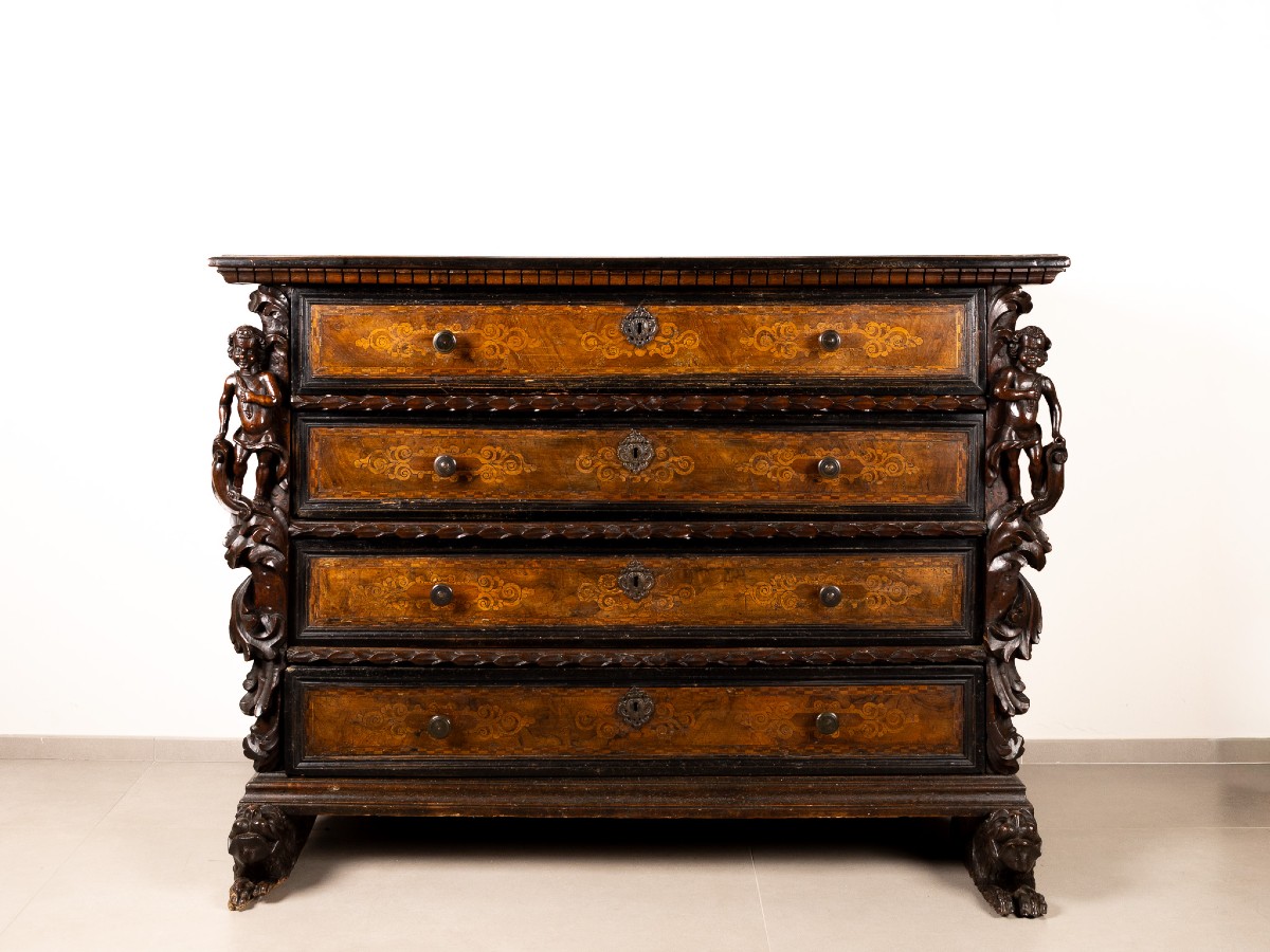 Bergamo Chest Of Drawers With Four Drawers And Winged Caryatids, Early 17th Century