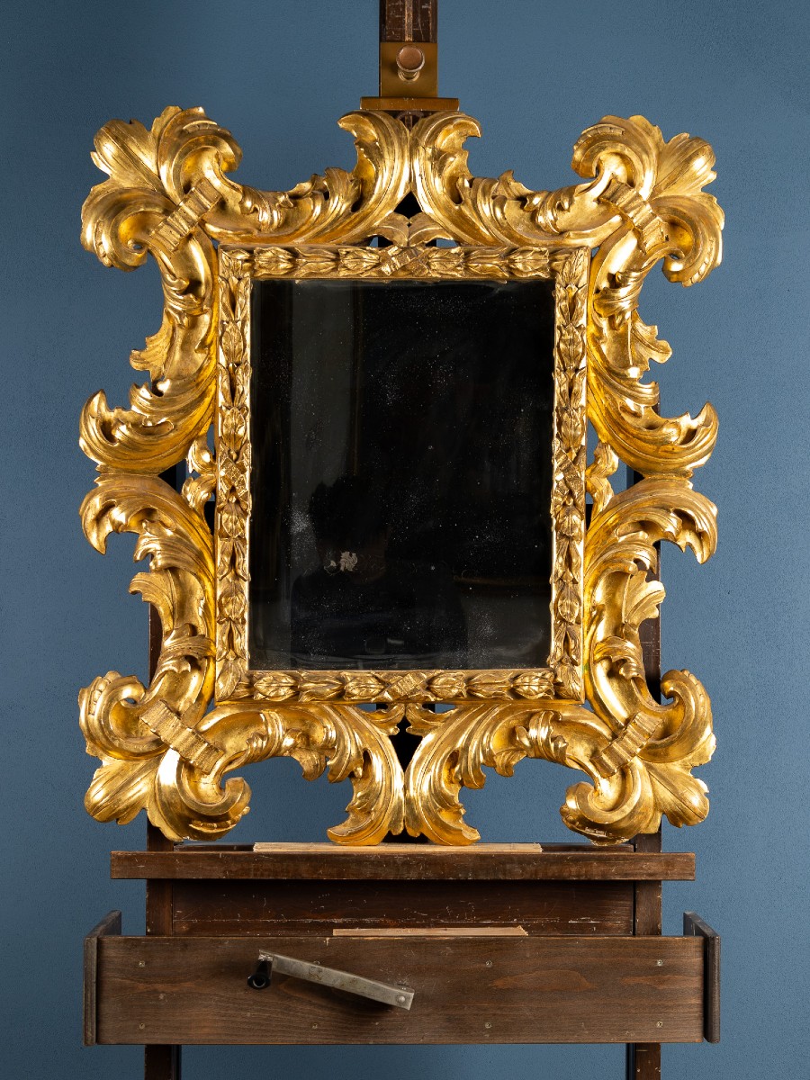 Italian Wooden Frame With Pure Gold, Louis XIV Period, First Half Of The 18th Century
