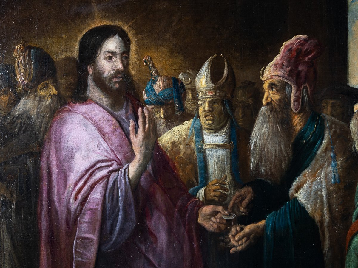 The Tribute To Caesar, Signed On The Parapet Hb F. (fecit), Upper Veneto 17th Century-photo-3