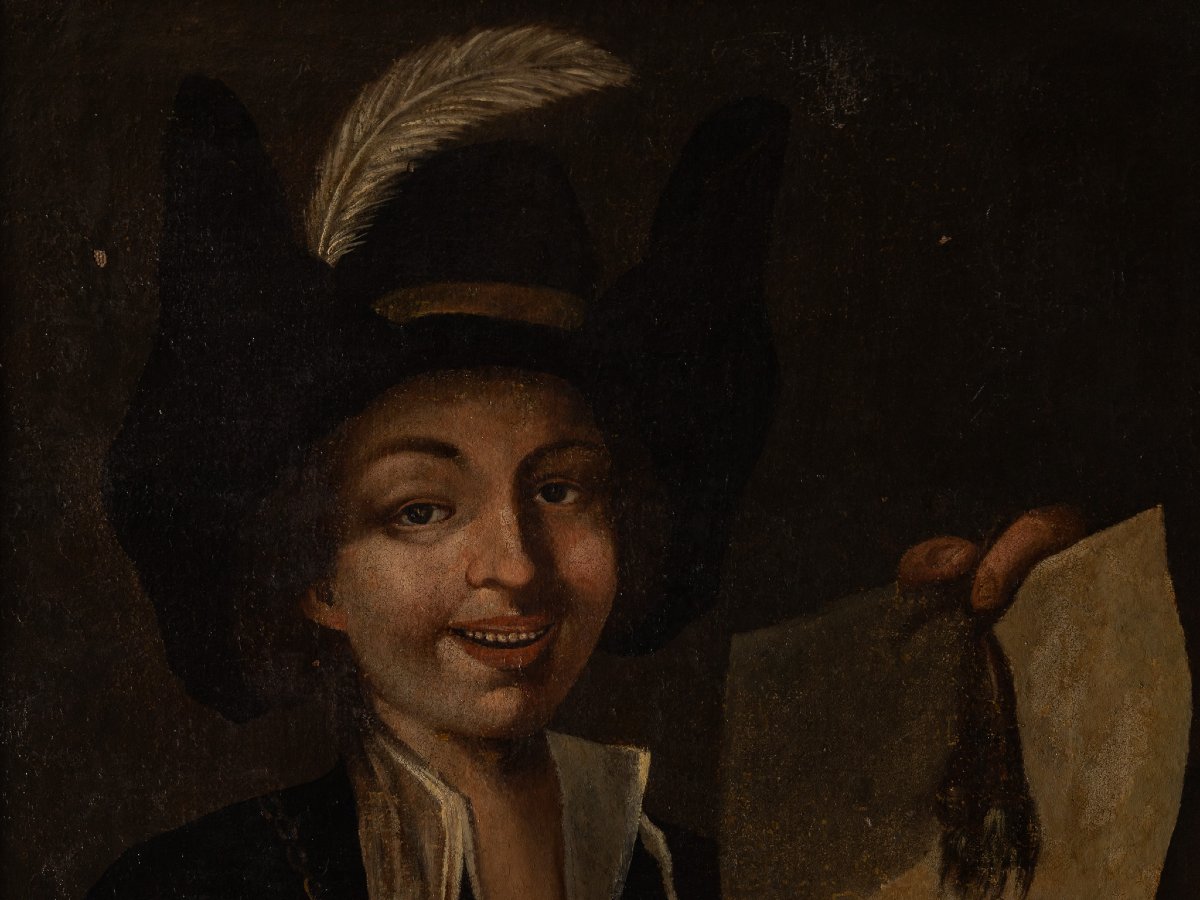 Young Rogue With A Scroll Reading “what A Laugh, Gentlemen,” Oil On Canvas, 18th Century-photo-1