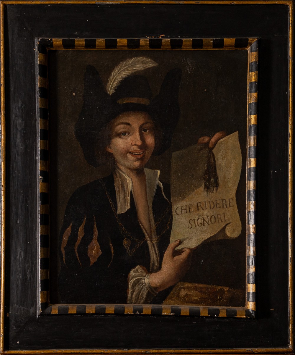 Young Rogue With A Scroll Reading “what A Laugh, Gentlemen,” Oil On Canvas, 18th Century