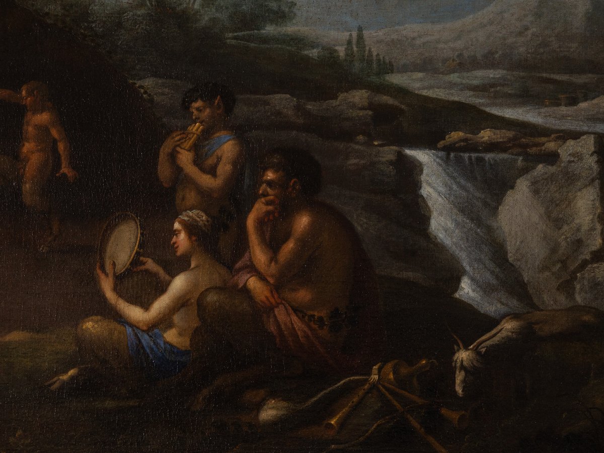 Agostino Carracci Attributed, Landscape With Nymphs And Satyrs, Oil On Canvas 16th Century-photo-3