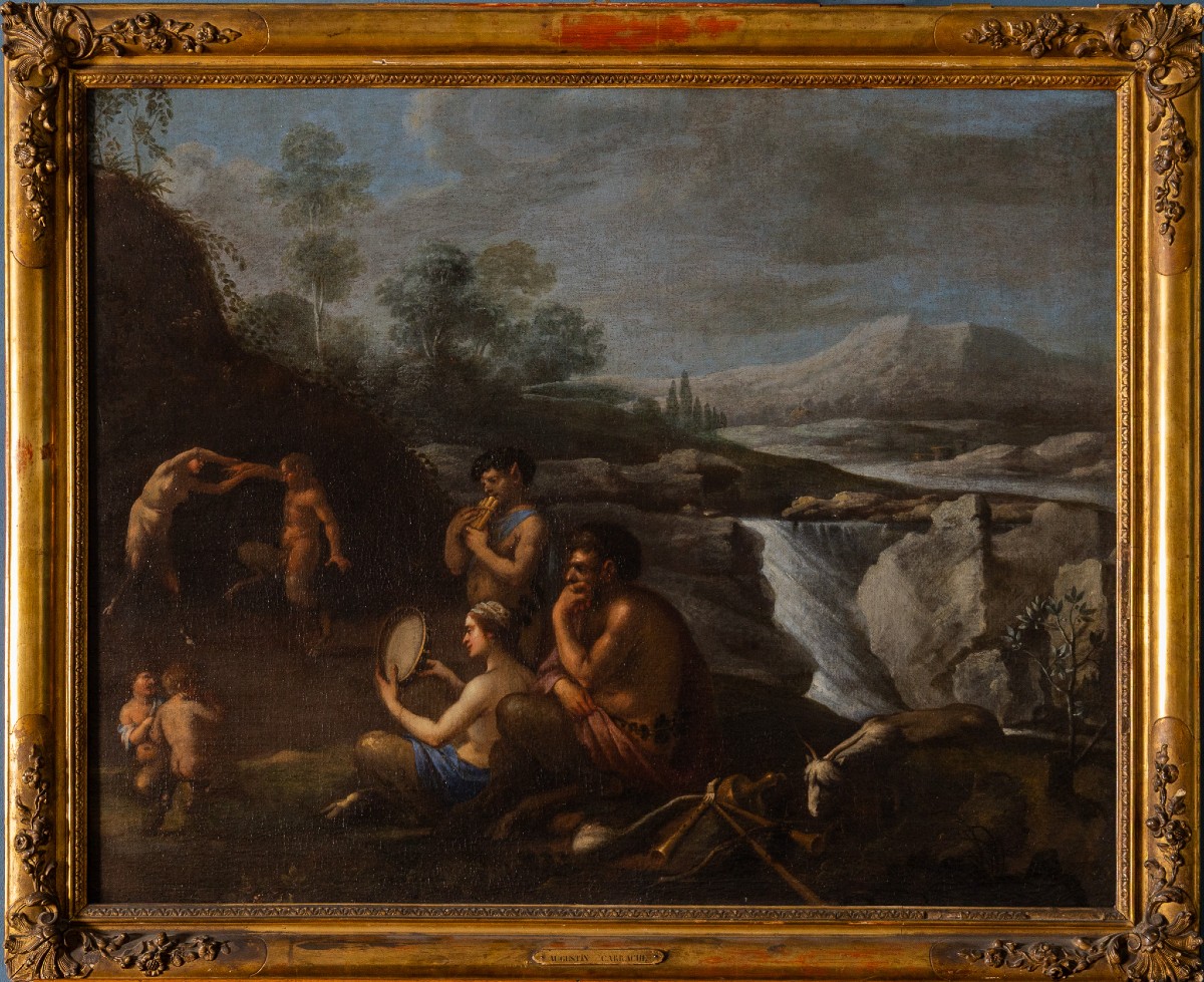 Agostino Carracci Attributed, Landscape With Nymphs And Satyrs, Oil On Canvas 16th Century