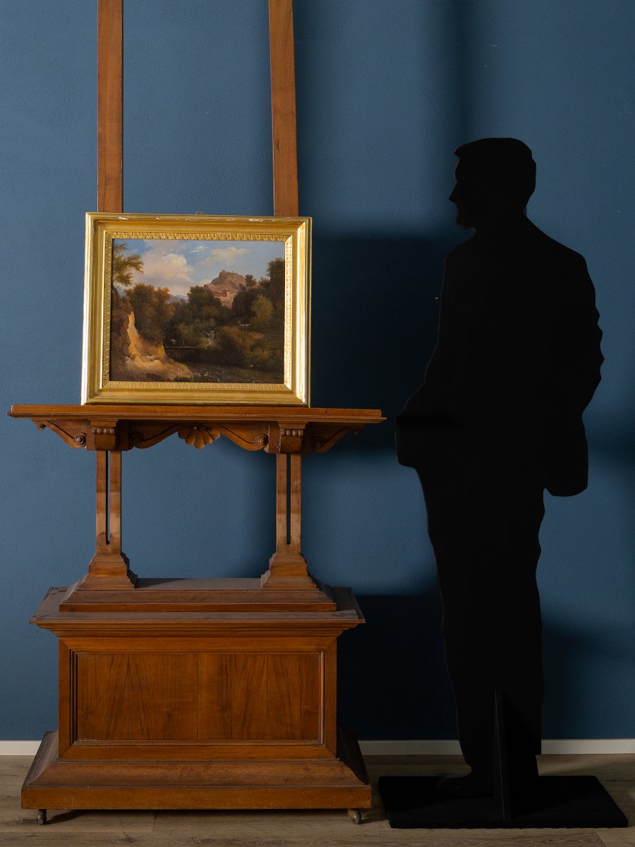 Paysage romantique avec village et château, école romaine du XIXe siècle, huile sur toile-photo-3