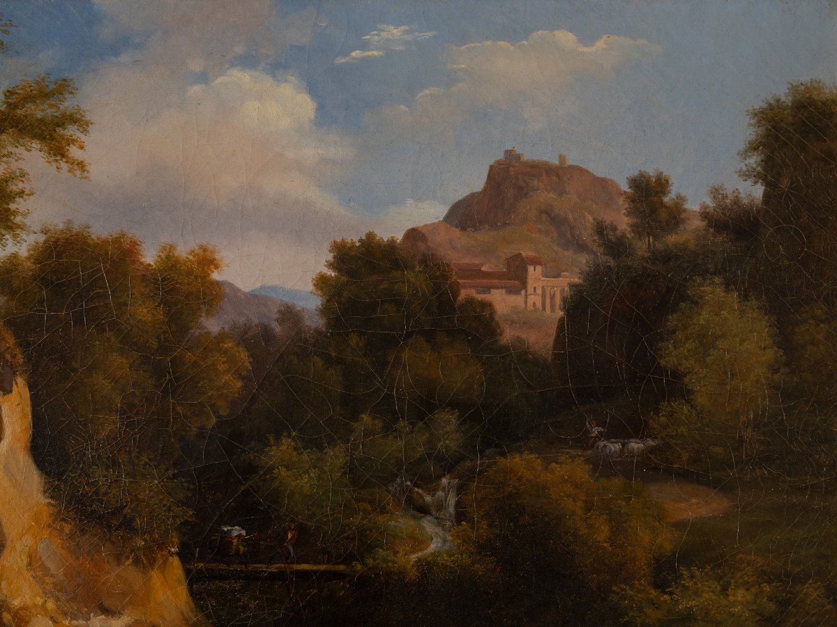 Paysage romantique avec village et château, école romaine du XIXe siècle, huile sur toile-photo-1