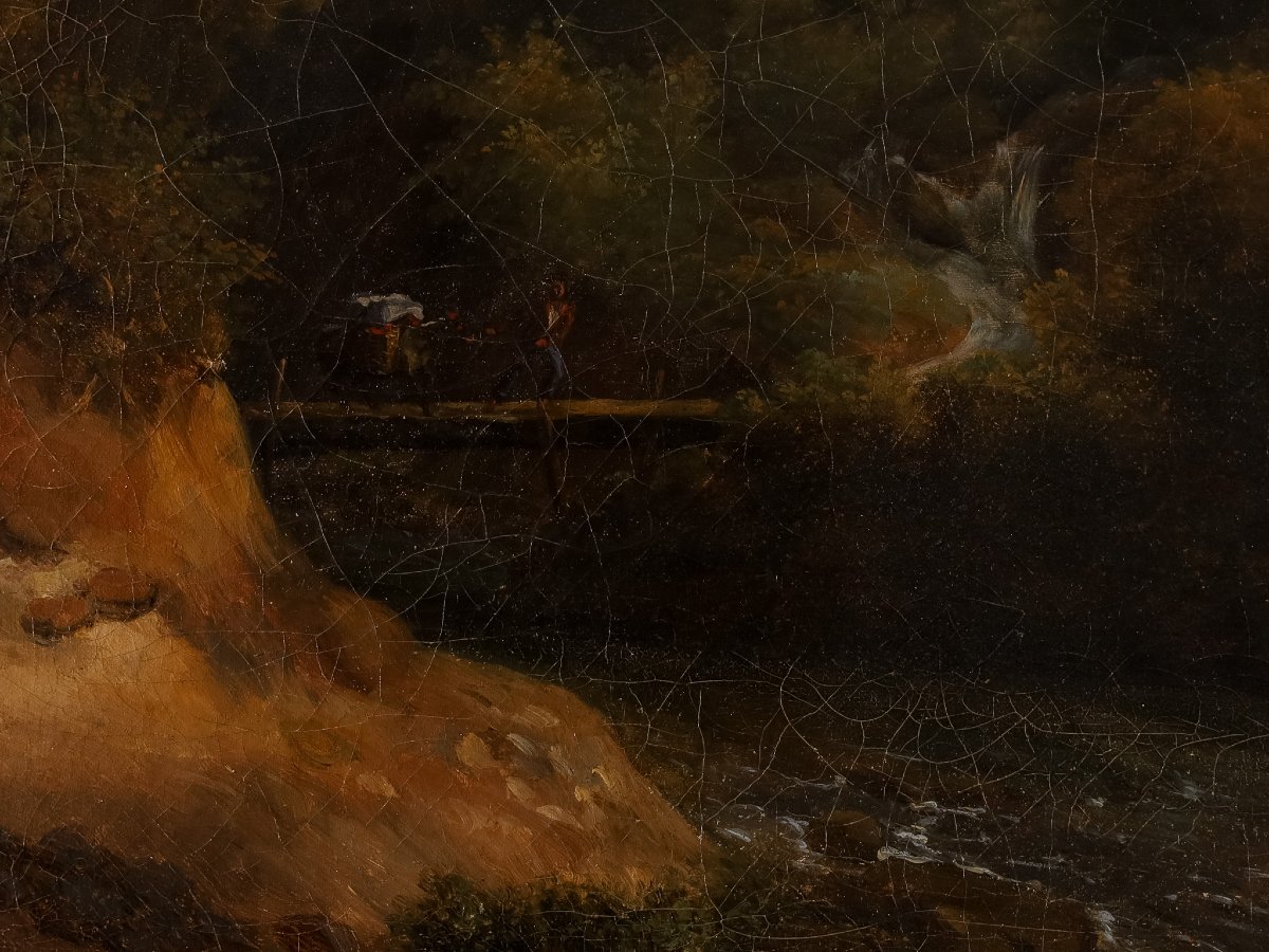 Paysage romantique avec village et château, école romaine du XIXe siècle, huile sur toile-photo-2