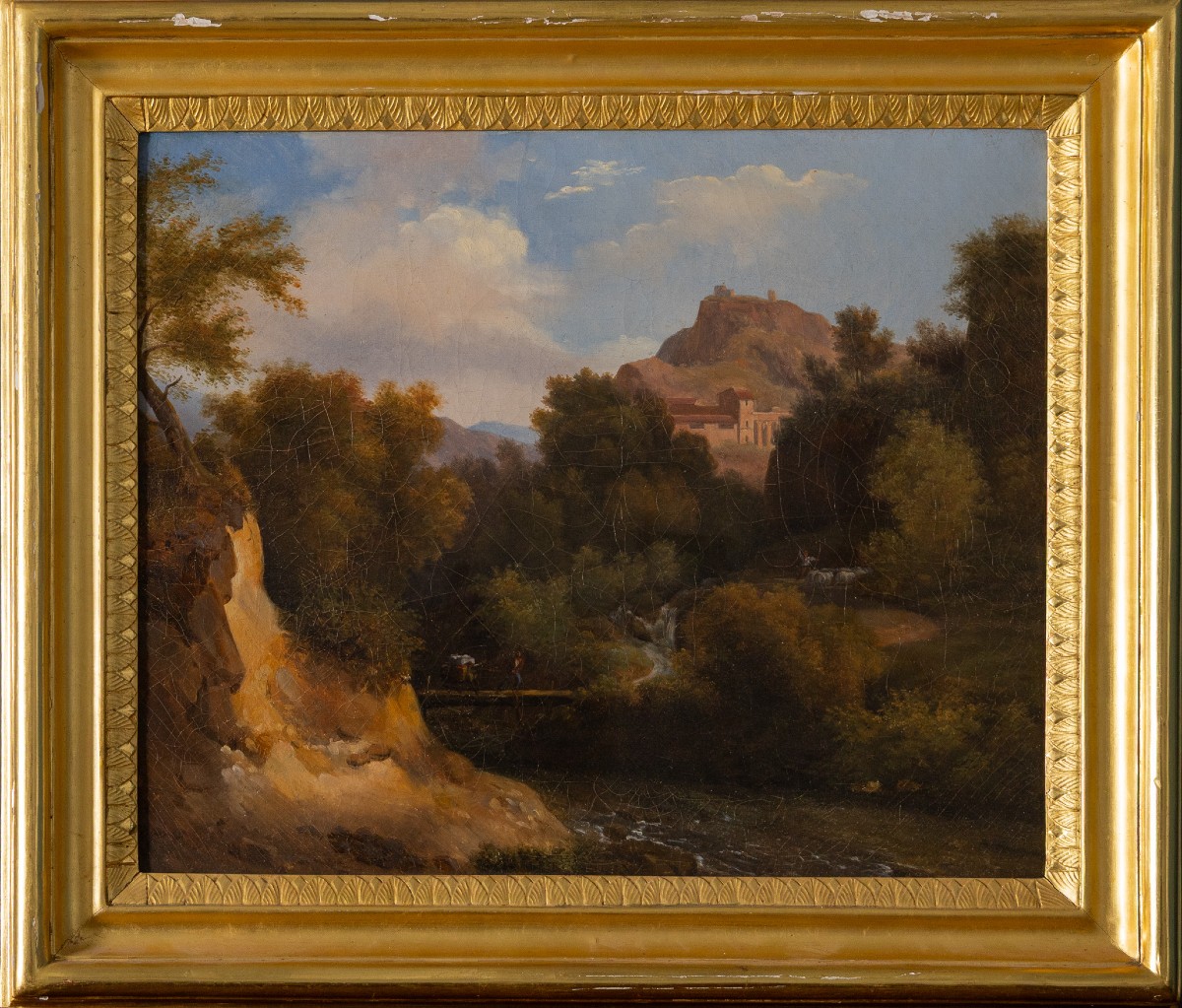 Paysage romantique avec village et château, école romaine du XIXe siècle, huile sur toile